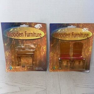 Vintage Mini Wooden Furniture Coffee Table & 2 Chairs Dollhouse Ready NEW SEALED
